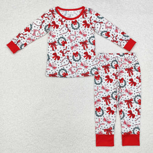 Bamboo Bow Pattern White Red Girls Christmas Pajamas