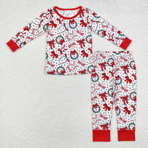 Bamboo Bow Pattern White Red Girls Christmas Pajamas