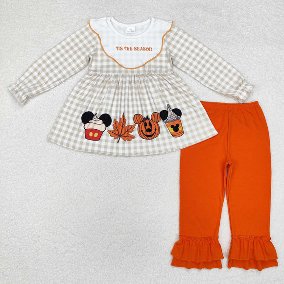 Tis the Season Cartoon Pumpkin Plaid Orange Girls Halloween Outfits