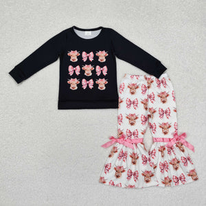 Bow Pattern Highland Cow Black Girls Long Sleeve+Trousers Sets