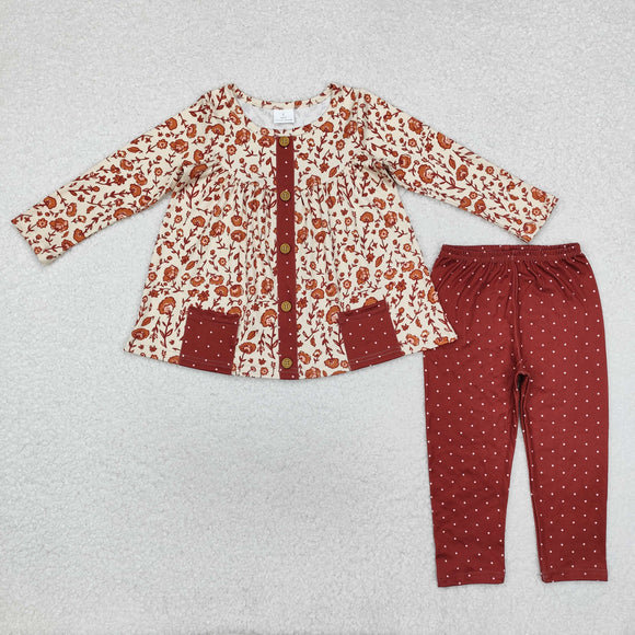 Floral Polka Dots Reddish Brown Pockets Girls Long Sleeve+Trousers Sets