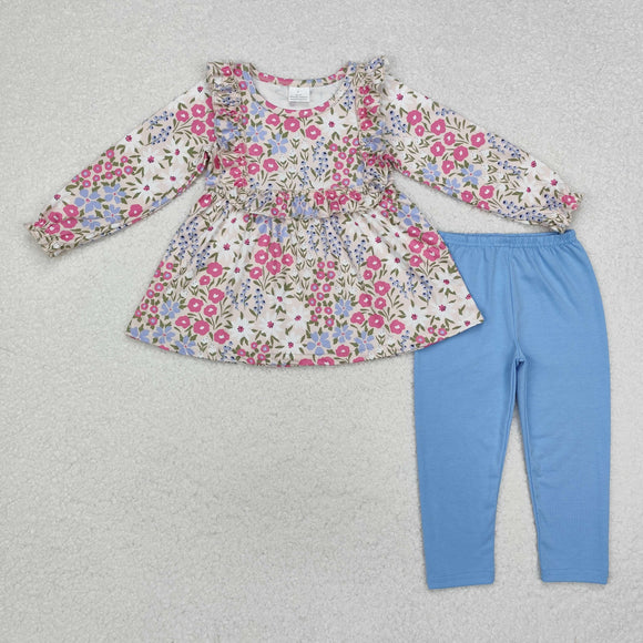 Floral Blue Girls Long Sleeve+Trousers Sets