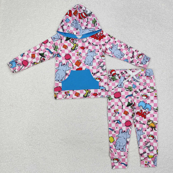 Cartoon Elephant Pink Plaid Girls Fall Hoodie Sets