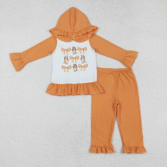 Cartoon Dogs Bow Pattern Orange Ruffles Girls Fall Hoodie Sets