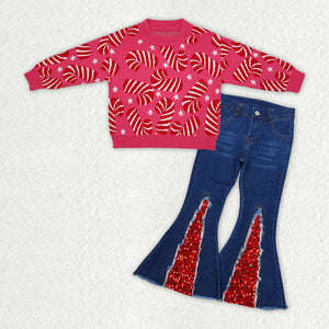 Candy Cane Red Sequin Denim Girls Christmas Outfits