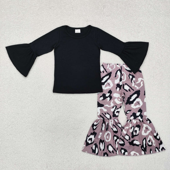 Leopard Print Black Gray Girls Long Sleeve+Trousers Sets