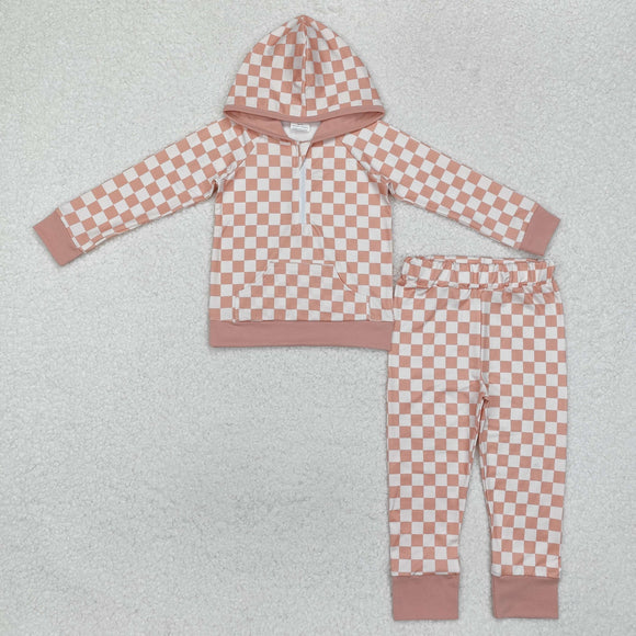 Pastel Orange Plaid Girls Fall Hoodie Sets