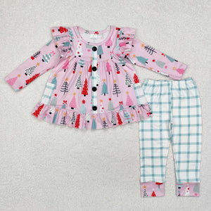 Trees Plaid Pockets Pink Girls Christmas Outfits