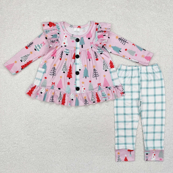 Trees Plaid Pockets Pink Girls Christmas Outfits