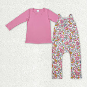 Solid Pink Top Floral Girls Overalls Sets