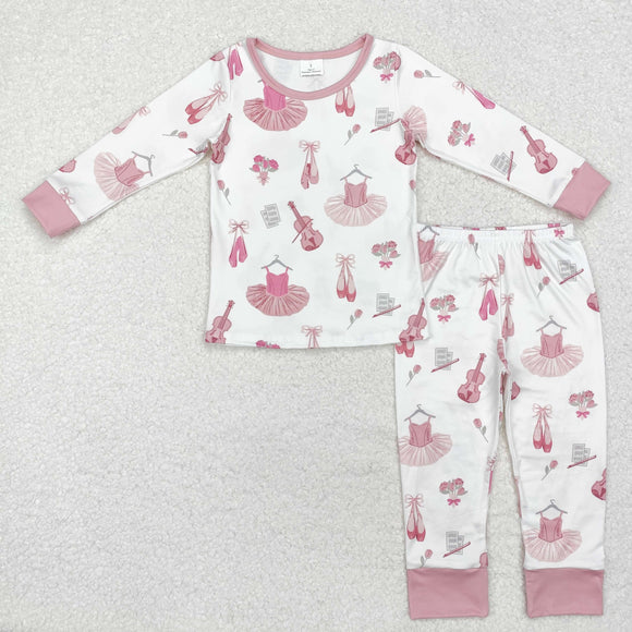 Cartoon Ballet Floral Pink White Girls Long Sleeve Pajamas