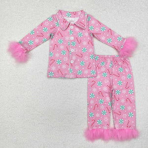 Candy Cane Lollipop Pink Furry Decoration Girls Christmas Pajamas