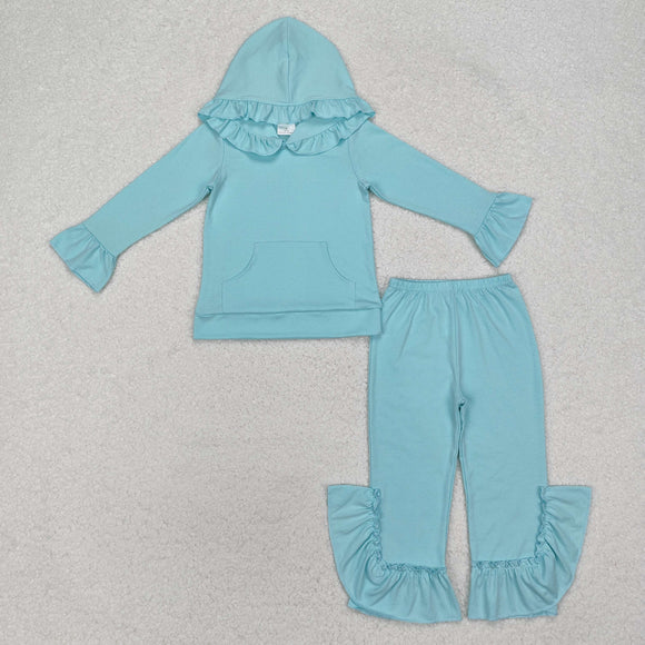 Solid Bluish Ruffles Girls Fall Hoodie Sets