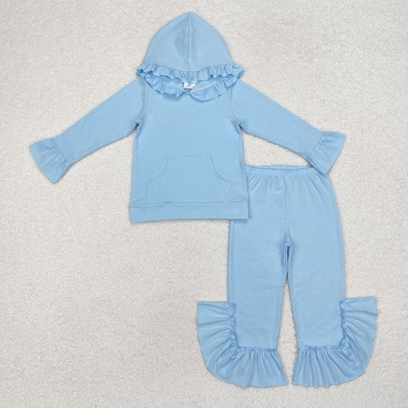 Solid Blue Ruffles Girls Fall Hoodie Sets