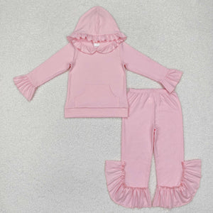 Solid Pink Ruffles Girls Fall Hoodie Sets