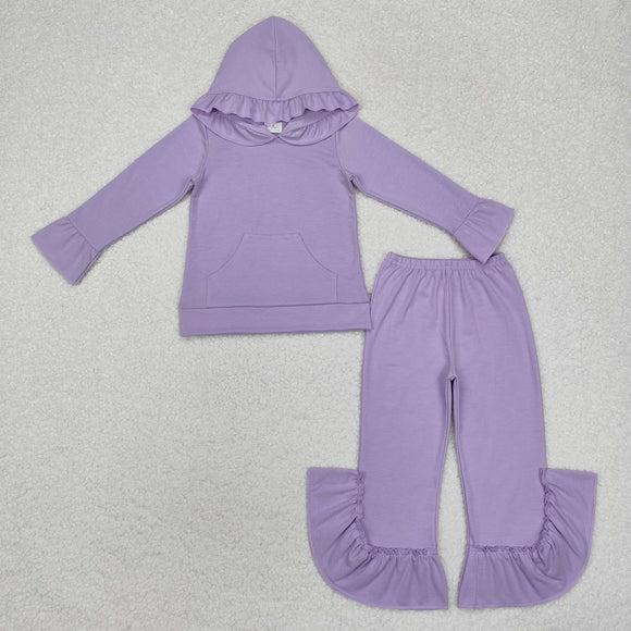 Solid Purple Ruffles Girls Fall Hoodie Sets