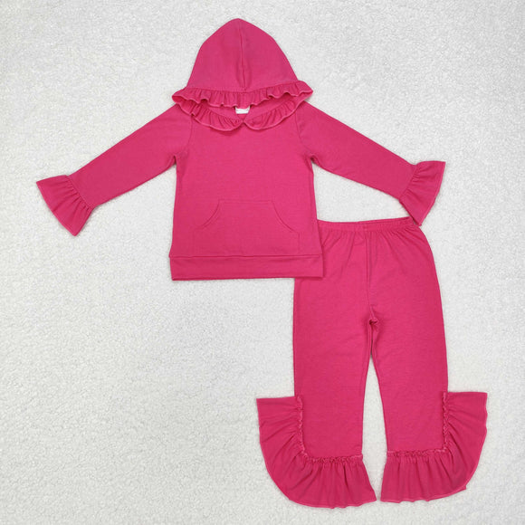 Solid Hot Pink Ruffles Girls Fall Hoodie Sets