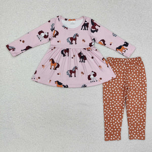 Horses Polka Dots Brown Pink Girls Long Sleeve+Trousers Sets