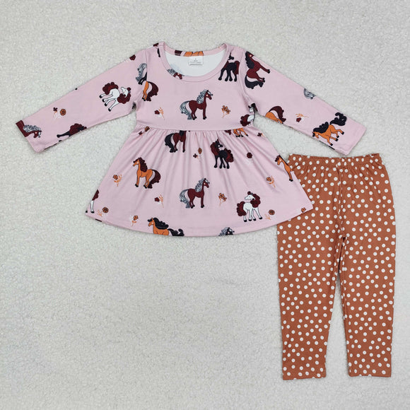 Horses Polka Dots Brown Pink Girls Long Sleeve+Trousers Sets