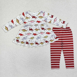 Floral Dinosaur Red Stripe Girls Long Sleeve+Trousers Sets