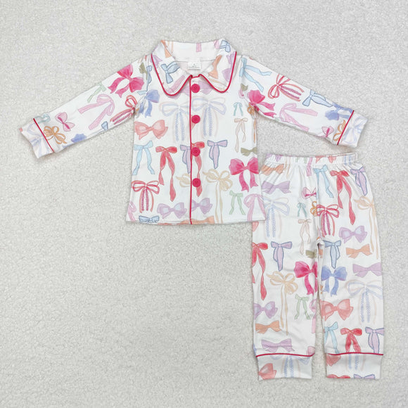 Bow Pattern White Girls Long Sleeve Pajamas