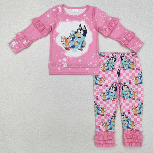 Cartoon Dogs Plaid Pink Girls Long Sleeve+Trousers Sets