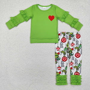 Cartoon Heart Green White Girls Christmas Outfits