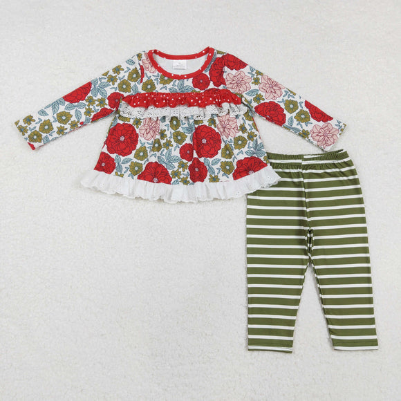 Floral Lace Ruffles Green Stripe Girls Long Sleeve+Trousers Sets