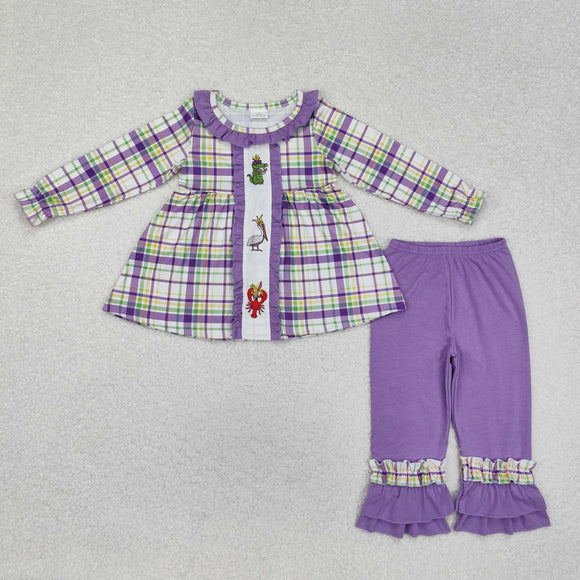 Crocodile Animals Purple Ruffles Plaid Girls Mardi Gras Outfits