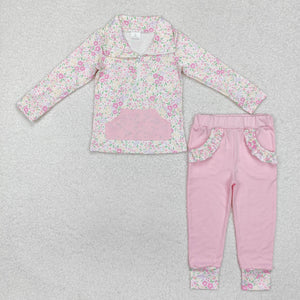 Floral Pink Pocket Girls Long Sleeve+Trousers Sets