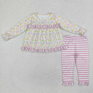 Floral Pink White Stripe Girls Long Sleeve+Trousers Sets