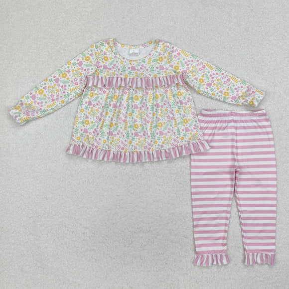 Floral Pink White Stripe Girls Long Sleeve+Trousers Sets