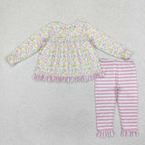 Floral Pink White Stripe Girls Long Sleeve+Trousers Sets