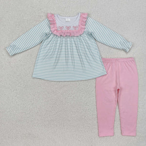 Bow Embroidery Stripe Pink Ruffles Girls Long Sleeve+Trousers Sets