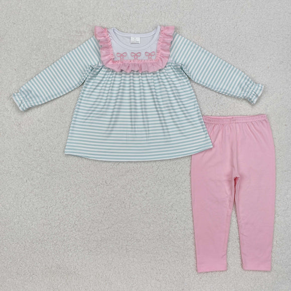 Bow Embroidery Stripe Pink Ruffles Girls Long Sleeve+Trousers Sets