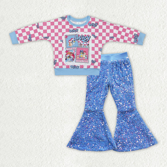 Cartoon Dogs Pink Plaid Blue Sequins Girls Christmas Outfits