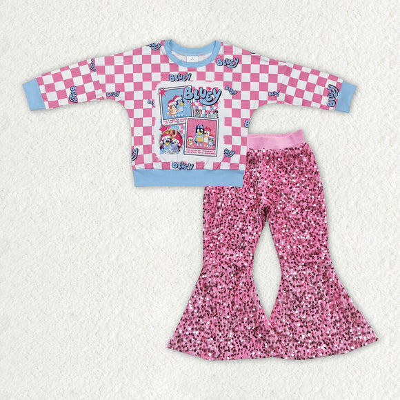 Cartoon Dogs Pink Plaid Blue Hot Pink Sequins Girls Christmas Outfits