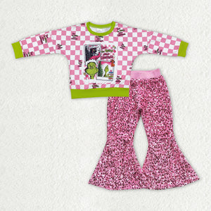 Cartoon Pink Plaid Green Hot Pink Sequins Girls Christmas Outfits