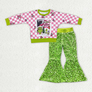 Cartoon Pink Plaid Green Sequins Girls Christmas Outfits