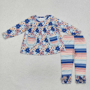 Floral Colorful Stripe Ruffles Girls Long Sleeve+Trousers Sets