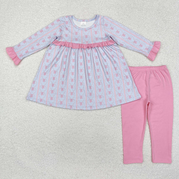 Bow Ballet Pink Ruffles Girls Long Sleeve+Trousers Sets