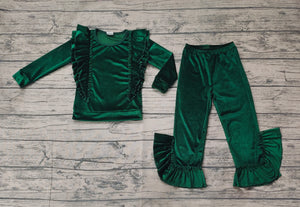 Pre-sale Solid Velvet Green Girls Christmas Outfits