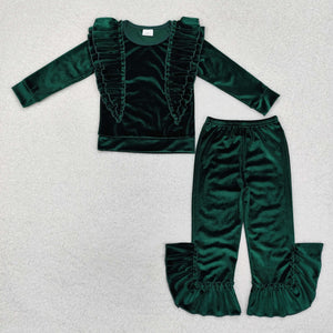 Solid Velvet Green Girls Christmas Outfits