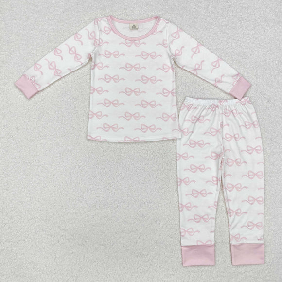 Bamboo Bow Pattern White Pink Girl Girls Long Sleeve Pajamas