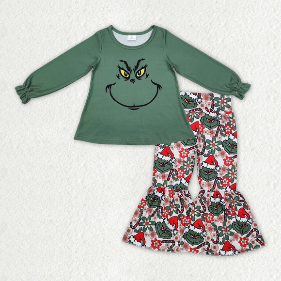 Cartoon Smile Floral Green Girls Christmas Outfits