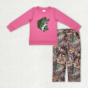 Fish Leaves Branches Hot Pink Girls Long Sleeve+Trousers Sets