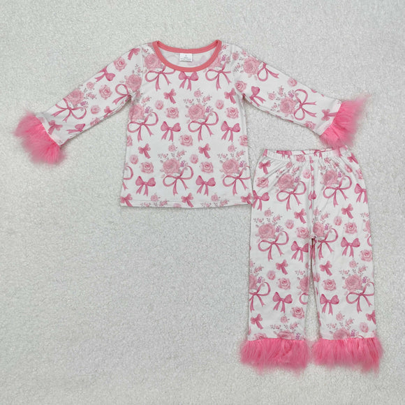 Bow Pattern Floral Pink Furry Decoration Girls Valentines Pajamas