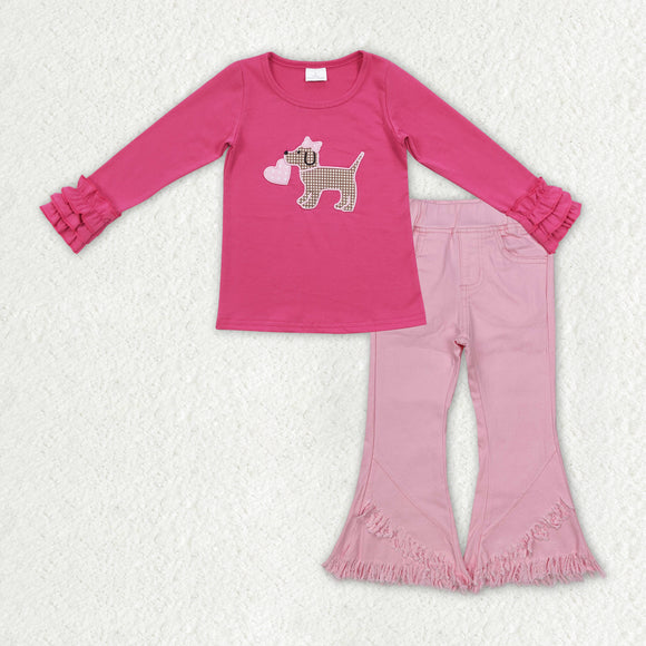 Heart Dog Hot Pink Denim Girls Valentine Outfits