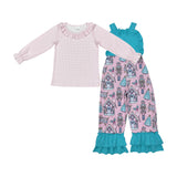 Plaid Top Cartoon Ballet Pink Blue Suspender Girls Christmas Outfits