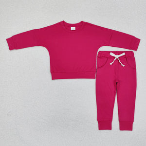 Solid Hot Pink Girls Long Sleeve+Trousers Sets